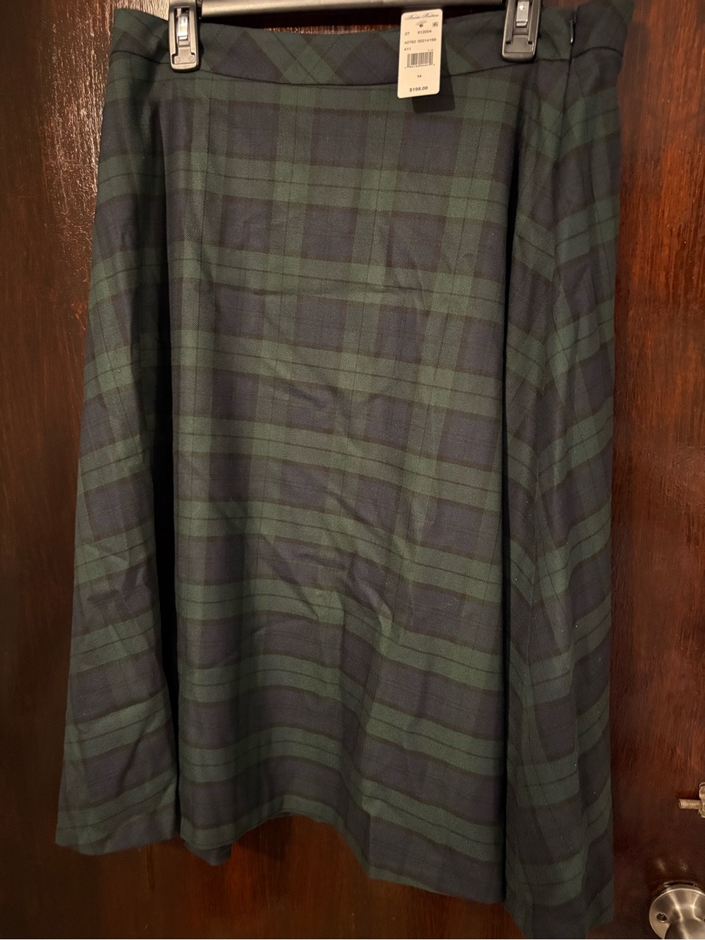 NWT Brooks Brothers Green and Navy Tartan Midi Skirt. Size 14.